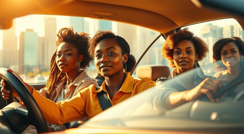 A group of diverse, hardworking women drivers, representing mothers and breadwinners, confidently navigate their vehicles in a vibrant urban setting. The scene is illuminated by warm, golden sunlight, creating a sense of energy and purpose. The women's faces exude determination and capability, as they steer their cars with precision and focus. In the background, a bustling city skyline provides a dynamic backdrop, emphasizing the women's important role in the transportation ecosystem. The overall mood is one of empowerment, professionalism, and the recognition of women's contributions to the workforce and their families.
