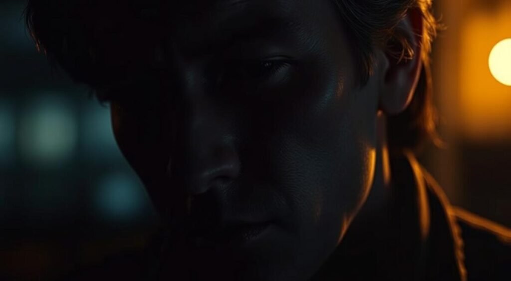 A high-contrast, cinematic close-up of a person's face, dramatically lit from the side to cast deep shadows and highlight the features. The person's expression is one of deep contemplation, with a slight furrow in the brow and a pensive gaze. The background is blurred and indistinct, placing the focus squarely on the subject's face and their introspective analysis. The lighting is moody and atmospheric, with warm highlights and cool shadows, conveying a sense of gravity and intellectual inquiry. The overall aesthetic is grounded in realism but with a heightened, almost painterly quality.