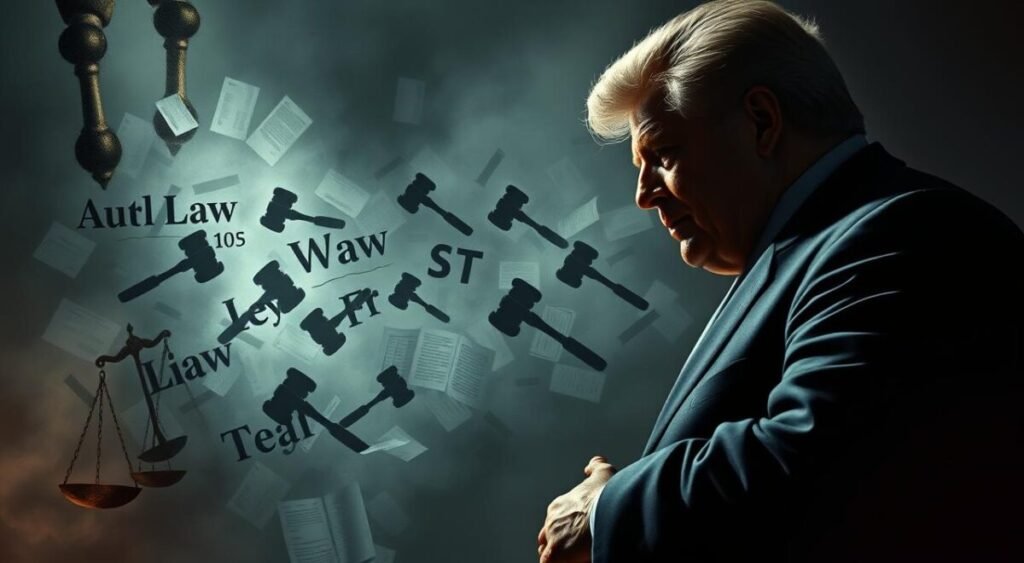 A high-impact, dramatic scene depicting the "impacto jurídico" of a political event. In the foreground, a towering figure representing the justice system, rendered in a striking chiaroscuro style with bold shadows and highlights. The figure's expression conveys a sense of power and authority. In the middle ground, a chaotic swirl of legal documents, gavel silhouettes, and abstract shapes representing the complex legal implications. The background is hazy and atmospheric, with a sense of tension and uncertainty. The overall mood is one of gravity, consequence, and the weight of the law bearing down on the subject. Lit with dramatic, cinematic lighting to heighten the sense of drama and import.