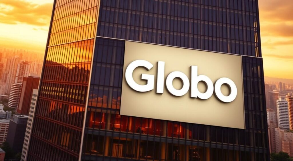 A high-resolution, photorealistic image of the Globo network's headquarters, with a striking facade showcasing its iconic logo. The building is set against a backdrop of a vibrant, bustling city skyline, bathed in warm, golden hour lighting. The camera angle captures the grandeur and significance of the Globo network, conveying a sense of its powerful presence and influence in the media landscape. The image exudes a professional, authoritative atmosphere, reflecting the network's position as a leading broadcaster in Brazil.
