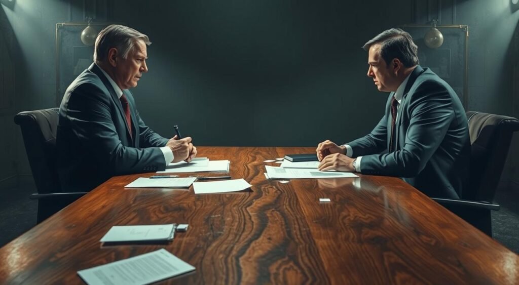 A high-tension negotiation scene set in a dimly lit room, with the contrasting figures of two businessmen locked in tense discussion, their body language and facial expressions conveying the challenges and obstacles they face. The foreground is dominated by a large, polished oak table, its surface cluttered with documents and scattered notes, creating a sense of urgency and high stakes. The middle ground features the two negotiators, their expressions stern and their postures guarded, reflecting the barrier of mistrust and competing interests that divide them. The background is hazy, with subtle lighting casting long shadows and imbuing the scene with a sense of unease and uncertainty, mirroring the complexities of the negotiations.