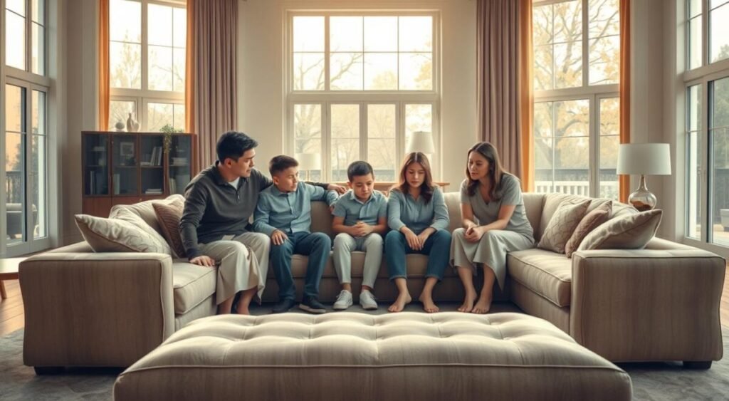 A large, luxurious living room with floor-to-ceiling windows that let in warm, natural light. In the center, a close-knit family of four sits on a plush, L-shaped sofa, facing each other. The parents, with expressions of concern and care, lean forward and place their hands on the shoulders of their young children, a boy and a girl, who appear apprehensive yet supported. The family's body language conveys a sense of unity, protection, and quiet strength as they navigate this delicate situation together. The room's decor is tasteful and sophisticated, with muted colors and minimal accessories, allowing the family to be the focal point. An atmosphere of quiet contemplation and unwavering familial bonds permeates the scene. A large, luxurious living room with floor-to-ceiling windows that let in warm, natural light. In the center, a close-knit family of four sits on a plush, L-shaped sofa, facing each other. The parents, with expressions of concern and care, lean forward and place their hands on the shoulders of their young children, a boy and a girl, who appear apprehensive yet supported. The family's body language conveys a sense of unity, protection, and quiet strength as they navigate this delicate situation together. The room's decor is tasteful and sophisticated, with muted colors and minimal accessories, allowing the family to be the focal point. An atmosphere of quiet contemplation and unwavering familial bonds permeates the scene.