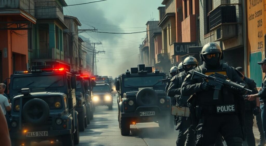 A large-scale urban operation in the Alemão and Penha favelas of Rio de Janeiro, with heavily armored military-style police vehicles and armed officers in tactical gear advancing through narrow, crowded streets lined with colorful concrete buildings. Plumes of smoke rise from the background, while sirens and the sound of gunfire create a tense, chaotic atmosphere. The scene is illuminated by harsh, dramatic lighting, casting dramatic shadows and highlights that emphasize the power and intensity of the moment. The composition focuses on the central action, with the foreground dominated by the armored personnel and the middle ground revealing the scale of the operation. The background recedes into hazy, indistinct urban details, creating a sense of depth and immersion.