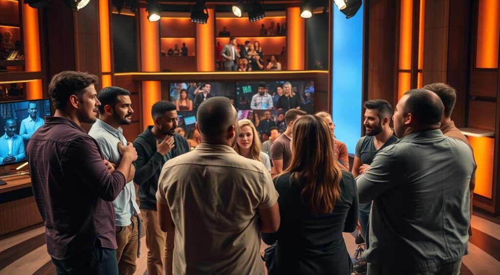 A lively and dynamic scene unfolding on a TV studio set, capturing the interactions and reactions of the reality show participants following the dramatic departure of Creo. The camera pans across the group, revealing a mix of tension, uncertainty, and shifting group dynamics as the remaining contestants navigate the shift in the power balance. Warm studio lighting illuminates the participants' faces, highlighting their emotional expressions and body language as they engage in intense discussions, debates, and moments of quiet contemplation. The composition emphasizes the sense of an intimate, immersive experience, drawing the viewer into the unfolding drama.