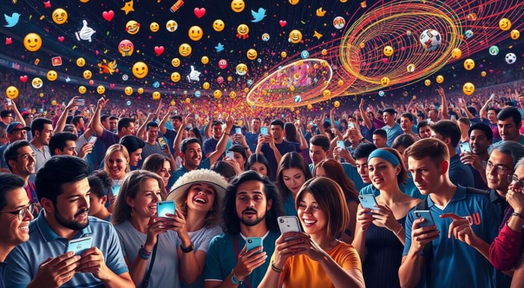 A lively, dynamic scene depicting the vibrant online reaction to an incredible soccer play. In the foreground, a diverse crowd of people – young and old, from various backgrounds – reacting passionately, their faces lit by the glow of their smartphones as they avidly engage with viral social media posts. The middle ground showcases a kaleidoscope of colorful, expressive emojis, memes, and comments cascading across multiple screens. In the background, a swirling vortex of digital ephemera – hashtags, GIFs, and shareable moments – capture the frenetic energy of the web's collective enthusiasm. The lighting is dramatic, with a sense of electric charge in the air, perfectly capturing the electrifying, communal experience of a sports moment gone viral.