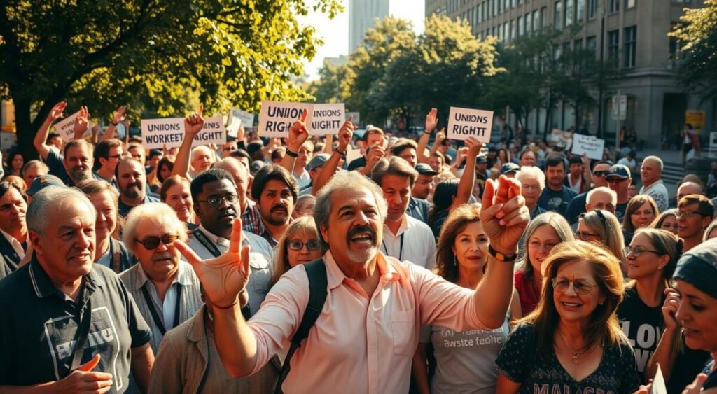 A lively gathering of union leaders and social movement activists, standing united in their mission to advocate for workers' rights and social justice. Warm afternoon sunlight bathes the scene, casting deep shadows and highlighting the determined expressions on their faces. In the middle ground, a diverse group gestures passionately, while in the background, a crowd of supporters cheers them on. The atmosphere is one of solidarity, resilience, and a shared vision for a more equitable society.