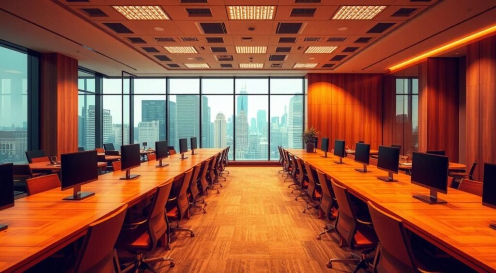 A modern banking office interior, with a focus on a row of wooden desks and chairs arranged in a professional, organized manner. Warm overhead lighting casts a soft glow, accentuating the polished surfaces and clean lines of the furniture. In the background, a large window offers a view of an urban cityscape, hinting at the financial district beyond. The atmosphere conveys a sense of efficiency and reliability, suitable for an institution that specializes in payroll loans and consignado banking services.