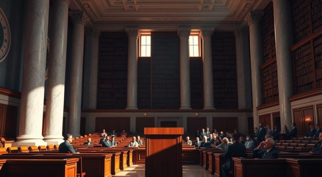 A modern courthouse interior with a grand, imposing facade, its marble columns and high ceilings casting dramatic shadows. In the foreground, a wooden podium stands resolute, a symbol of legal authority. The middle ground features rows of mahogany benches, where figures in suits and robes sit contemplatively. Sunlight streams through large windows, illuminating the proceedings with an air of gravitas. The background showcases a towering bookshelf filled with leather-bound volumes, hinting at the wealth of legal knowledge within. The overall scene conveys a sense of solemn deliberation, where important decisions that can carry significant consequences are made. A modern courthouse interior with a grand, imposing facade, its marble columns and high ceilings casting dramatic shadows. In the foreground, a wooden podium stands resolute, a symbol of legal authority. The middle ground features rows of mahogany benches, where figures in suits and robes sit contemplatively. Sunlight streams through large windows, illuminating the proceedings with an air of gravitas. The background showcases a towering bookshelf filled with leather-bound volumes, hinting at the wealth of legal knowledge within. The overall scene conveys a sense of solemn deliberation, where important decisions that can carry significant consequences are made.