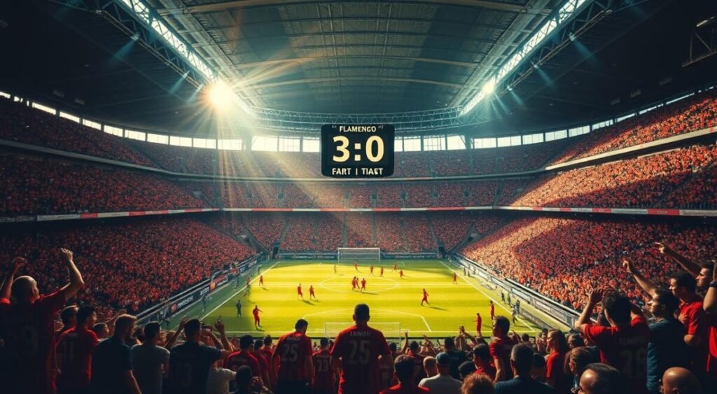 A packed soccer stadium, with Flamengo's passionate fans in full voice, as the team dominates the field. The players, adorned in their iconic red and black uniforms, weave a mesmerizing display of skill and determination. In the center, the scoreboard boldly displays a 3-0 lead, capturing the decisive victory. Sunlight filters through the stadium's roof, casting a warm glow over the scene. Tension and excitement fill the air, as the crowd erupts in celebration, their collective energy palpable. This is the power of Flamengo's dominance, a moment that will ignite the hearts of their devoted supporters.