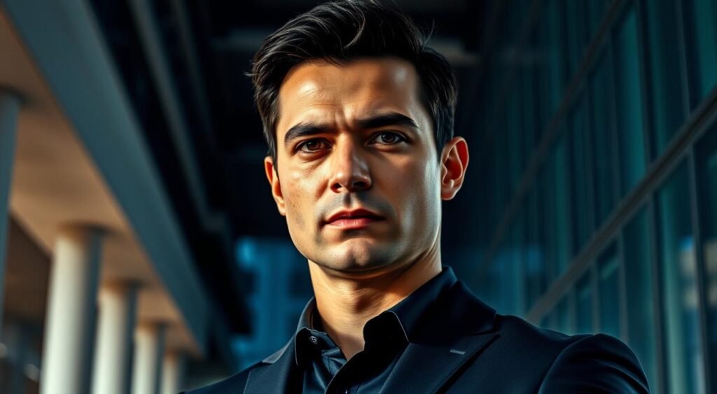A portrait of Nikolas Ferreira, a young and ambitious Brazilian politician, standing confidently against a backdrop of modern architecture. His gaze is direct and commanding, conveying a sense of authority and determination. The lighting is dramatic, casting deep shadows that accentuate the chiseled features of his face. The composition is carefully balanced, with Nikolas positioned slightly off-center, creating a sense of dynamism and movement. The overall tone is one of power and presence, reflecting his rise to prominence on the national stage.