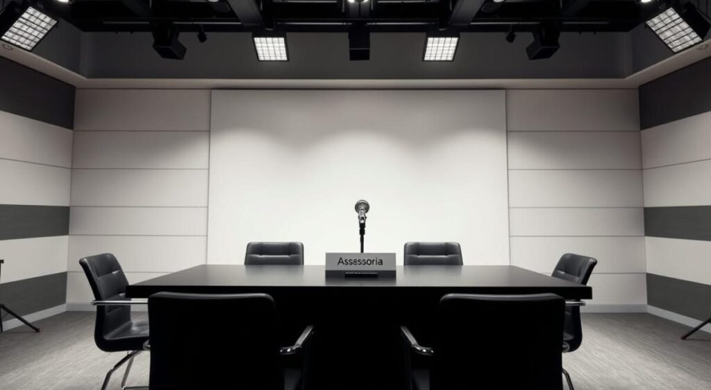 A professional, well-lit studio setting with a table and chairs arranged for a formal press conference. On the table, a clean, modern-looking microphone and a nameplate that reads "Assessoria". Behind the table, a simple backdrop with clean, minimalist lines and neutral colors, creating a refined, authoritative atmosphere. The lighting is soft and even, illuminating the scene with a sense of professionalism and seriousness. The camera angle is slightly elevated, giving the viewer a sense of observing an important event. The overall composition and styling convey a sense of authority, credibility, and the careful curation of a public-facing communication.