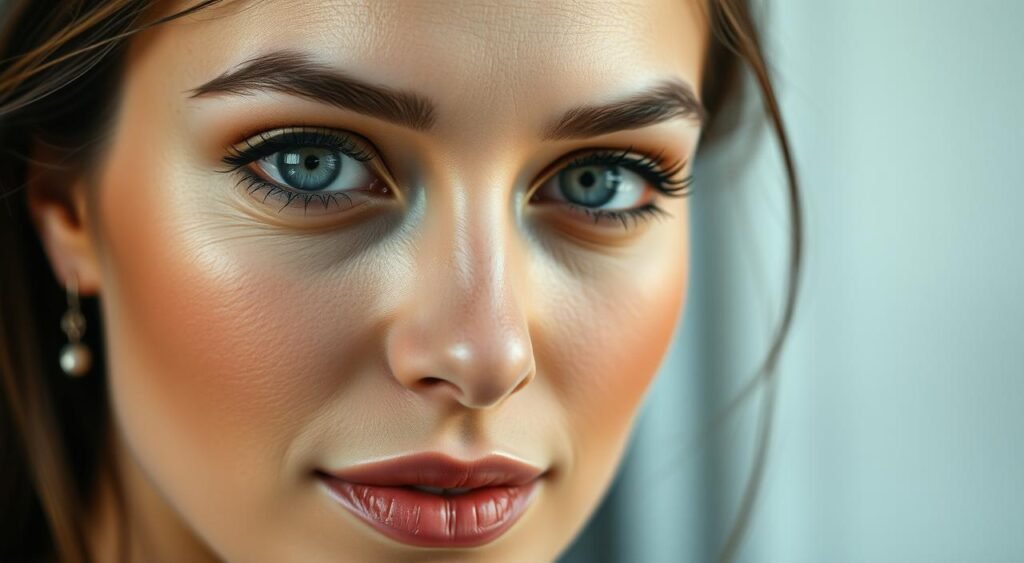 A serene portrait of Ana Castela, the public figure and media personality. Captured in a high-resolution close-up, her face is illuminated by soft, diffused natural lighting that accentuates her delicate features and radiant complexion. The lens is focused on her captivating gaze, drawing the viewer into her pensive expression. The background is subtly blurred, creating a sense of depth and emphasis on her presence. The overall mood is one of elegance, sophistication, and a hint of introspection, reflecting her cultivated public image and burgeoning career.