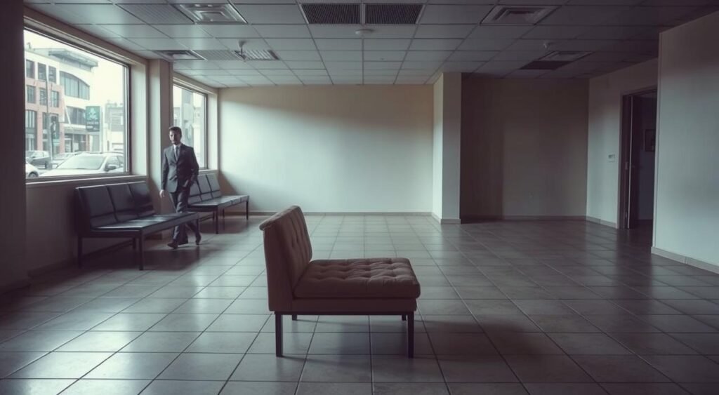 A spacious and well-lit interior of a typical Uber driver's rest area, with a clear focus on the lack of essential amenities. The foreground features a simple bench or chair, devoid of any cushioning or comfort. The middle ground showcases a barren, tiled floor and plain walls, void of any decorations or facilities. The background subtly hints at the bustling urban environment outside, with muted sounds of traffic and the occasional passerby visible through a window. The overall atmosphere conveys a sense of neglect and discomfort, reflecting the grievances outlined in the legal proceedings against Uber.