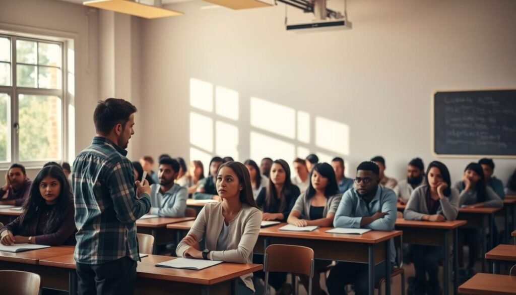 A spacious classroom setting, with desks and chairs arranged in neat rows. Students of diverse backgrounds sit attentively, expressions of focus and determination. The warm, natural lighting streams through large windows, creating a contemplative atmosphere. In the foreground, a teacher stands before a chalkboard, guiding the through a lesson on the intricacies of the examination process. The students' faces reflect a mixture of anticipation and apprehension, as they grapple with the implications of the impending exam. The overall scene conveys a sense of academic rigor and the weight of the students' educational journey.