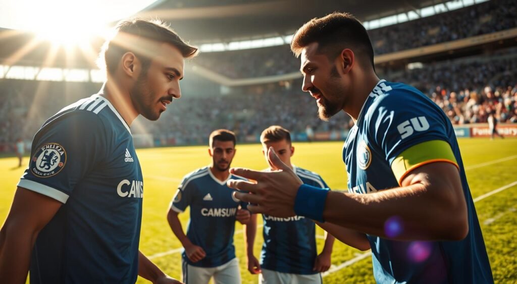 A tense moment on the pitch as Caicedo and Andrey Santos, two rising stars of Chelsea and Palmeiras, engage in a high-stakes wager. The scene is captured in a dynamic low-angle shot, the players' expressions filled with anticipation and competitive spirit. Bright sunlight bathes the scene, casting sharp shadows and highlighting the intensity of the moment. The lush green pitch provides a vivid backdrop, while the crowd's muted roar in the distance creates a sense of anticipation. The image conveys the thrill of the unexpected, as the outcome of this wager could shift the course of the Libertadores match.
