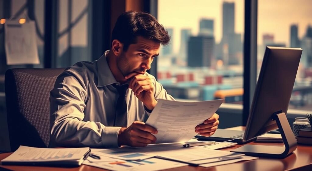A thoughtful businessman sitting at a desk, contemplating various financial documents and statements, surrounded by charts, graphs, and a desktop computer. Warm, focused lighting illuminates his pensive expression, conveying the weight of his decision-making responsibilities. In the background, a blurred cityscape suggests the broader economic context. The scene evokes a sense of careful consideration and the gravity of the "motivations" behind the request to suspend the INSS credit consignment program.