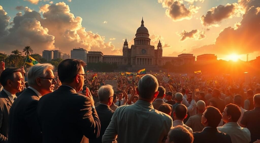 A vibrant political landscape in Brazil, illuminated by warm sunlight filtering through the clouds. In the foreground, a group of politicians engaged in spirited debate, their gestures and expressions reflecting the high-stakes negotiations. In the middle ground, a sea of protestors waving banners and chanting slogans, their energy palpable. Towering in the background, the iconic buildings of Brasília's government district, a symbol of the power at the heart of this unfolding drama. The scene conveys a sense of momentum and anticipation, as the nation awaits the outcome of these critical discussions on amnesty.