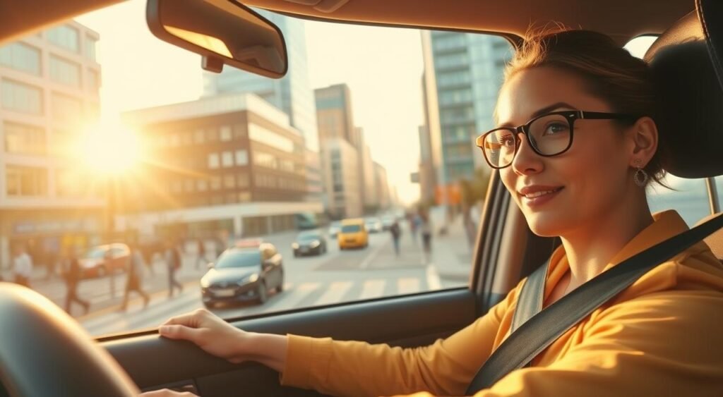 A vibrant scene depicting the flexibility and motivations of women working as app-based drivers. In the foreground, a female driver confidently sits behind the wheel, her expression focused and determined. The middle ground showcases a modern city streetscape, with sleek buildings and bustling pedestrian traffic. The background is filled with a warm, golden-hued sunset, casting a soft, inviting glow over the entire composition. The lighting is natural and diffused, creating a sense of energy and dynamism. The overall mood is one of empowerment, independence, and the embrace of a modern, flexible work lifestyle.
