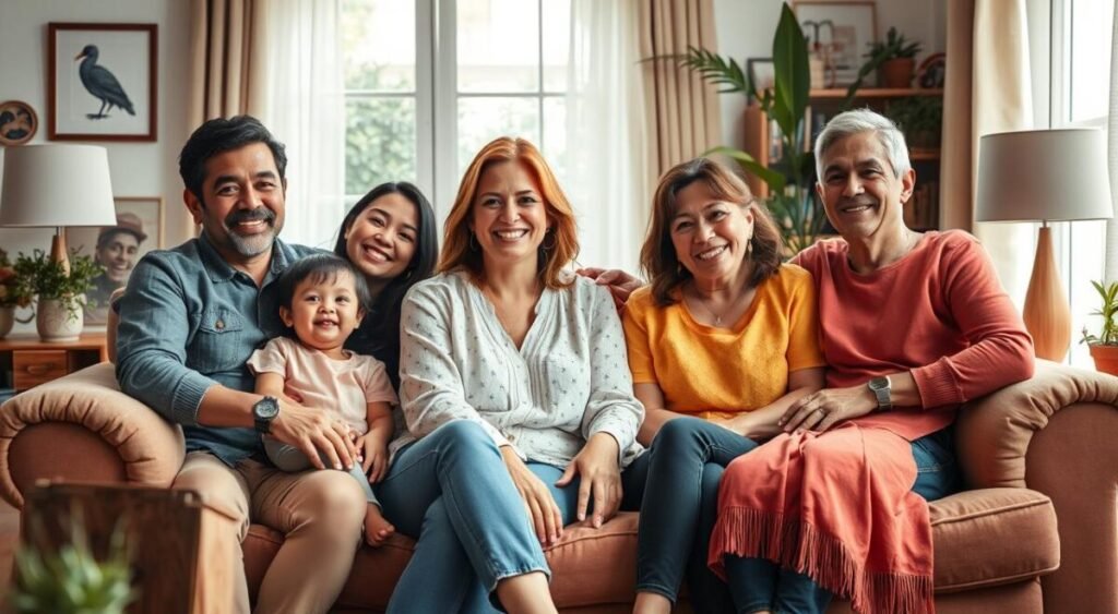 A warm and inviting family portrait of Eliana, the beloved Brazilian television host, surrounded by her family in a cozy, brightly lit living room setting. Eliana is seated on a plush sofa, her warm smile radiating as she interacts with her loved ones. The composition is balanced, with the family members positioned strategically to create a sense of harmony and togetherness. The room is adorned with vibrant colors, soft textures, and personal touches that reflect Eliana's warm and approachable personality. The lighting is natural and diffused, casting a gentle glow on the scene and emphasizing the familial bond. The overall atmosphere conveys a sense of comfort, joy, and the anticipation of Eliana's new program on Globo in 2026.