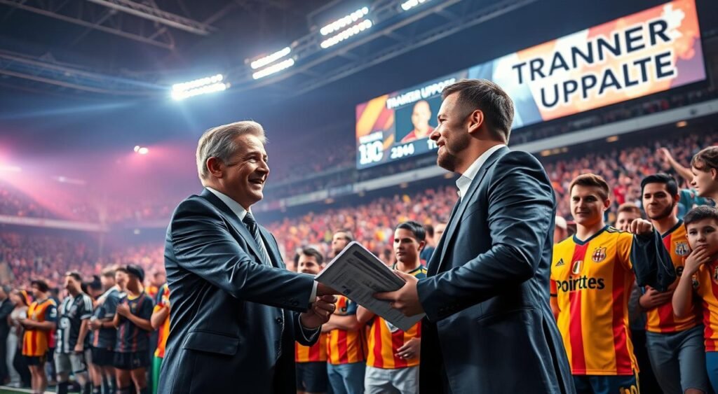 An ambitious soccer stadium bustling with excitement, capturing the moment of a major player transfer negotiation. In the foreground, a well-dressed sports agent shakes hands with a club director, both smiling and surrounded by papers and a laptop displaying transfer statistics. In the middle ground, dedicated fans wearing team jerseys express a mix of anticipation and concern, their faces painted in team colors. The background shows a large scoreboard displaying the player's name and a "Transfer Update" banner. The scene is illuminated by dramatic stadium lights, casting vibrant colors across the scene while capturing the atmosphere of jubilation and uncertainty. Use a slightly elevated angle to emphasize the crowd and the transfer interaction. An ambitious soccer stadium bustling with excitement, capturing the moment of a major player transfer negotiation. In the foreground, a well-dressed sports agent shakes hands with a club director, both smiling and surrounded by papers and a laptop displaying transfer statistics. In the middle ground, dedicated fans wearing team jerseys express a mix of anticipation and concern, their faces painted in team colors. The background shows a large scoreboard displaying the player's name and a "Transfer Update" banner. The scene is illuminated by dramatic stadium lights, casting vibrant colors across the scene while capturing the atmosphere of jubilation and uncertainty. Use a slightly elevated angle to emphasize the crowd and the transfer interaction.