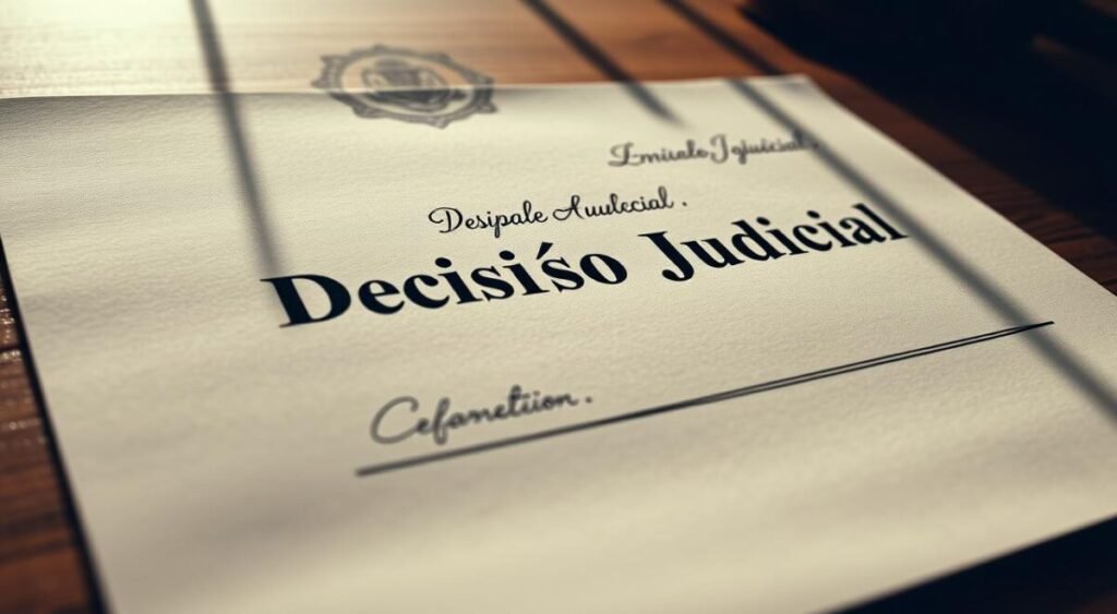 Detailed legal document with official seal and signature, shot in a dramatic low-angle perspective. Prominent text reading "Decisão Judicial" in bold, authoritative font. The document sits atop a wooden desk, casting long shadows in soft, directional lighting. A sense of gravitas and importance permeates the scene, heightening the significance of the judicial decision being made.