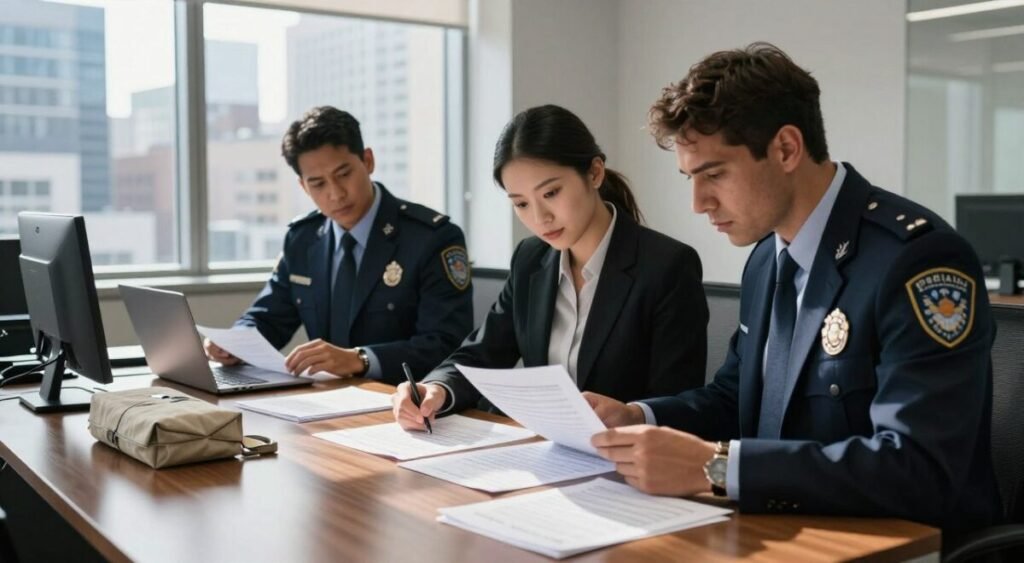 A Federal Police investigation scene set in an office. In the foreground, a diverse group of three professional agents, dressed in smart business attire, examines financial documents meticulously on a sleek wooden table. The middle ground features a large window showing a bustling cityscape, hinting at urgency and activity outside. Papers, laptops, and evidence bags are arranged neatly, suggesting a serious investigation into banking irregularities. The lighting is bright but slightly dramatic, casting long shadows that emphasize the tension in the room. The mood is focused and intense, reflecting the gravity of the situation while maintaining a professional atmosphere.
