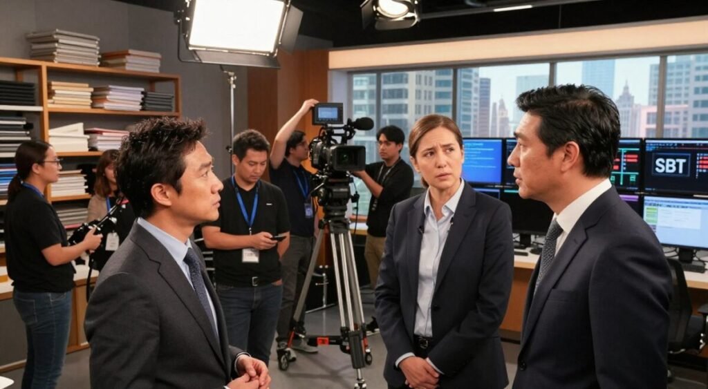 A bustling behind-the-scenes atmosphere at a television studio, focusing on a group of professionals engaged in serious discussions. In the foreground, two individuals in smart business attire converse intently, their expressions showing concern and intrigue. In the middle, crew members are seen adjusting lights and cameras, adding to the lively environment. A large wall with monitors displays SBT programming, subtly indicating the network. Soft, diffused studio lighting casts a warm glow, creating a sense of urgency and anticipation. The background features shelves stacked with production materials, while a large window reveals the busy city skyline beyond. The overall mood is one of suspense and curiosity, capturing the dynamic reactions during a pivotal moment in the network's operations. A bustling behind-the-scenes atmosphere at a television studio, focusing on a group of professionals engaged in serious discussions. In the foreground, two individuals in smart business attire converse intently, their expressions showing concern and intrigue. In the middle, crew members are seen adjusting lights and cameras, adding to the lively environment. A large wall with monitors displays SBT programming, subtly indicating the network. Soft, diffused studio lighting casts a warm glow, creating a sense of urgency and anticipation. The background features shelves stacked with production materials, while a large window reveals the busy city skyline beyond. The overall mood is one of suspense and curiosity, capturing the dynamic reactions during a pivotal moment in the network's operations.