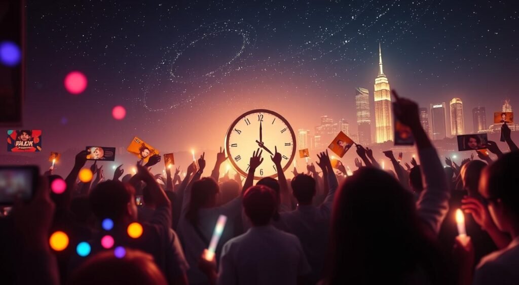 A captivating scene depicting the essence of an official teaser in the world of K-pop fandom. In the foreground, vibrant, colorful visual elements such as glowing lights and fragments of iconic BTS symbols, like their logo and album covers, suggest anticipation and excitement. In the middle, a stylized representation of a countdown clock, with the hands nearing a significant time, surrounded by excited silhouettes of fans wearing light sticks and waving banners. The background features a dreamy, starry night sky that reflects the global nature of BTS's fanbase, with subtle hints of major city skylines lit up, symbolizing worldwide anticipation. Soft lighting accentuates the warmth and eagerness of the atmosphere, while a focused, slightly angled perspective draws viewers into this immersive experience.