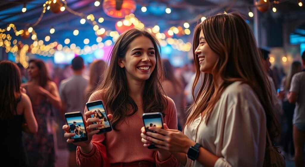 A captivating scene depicting two young women, Giulia and Bia, in a vibrant social setting, surrounded by evidence of a budding relationship. In the foreground, they are smiling and engaged in conversation, dressed in stylish yet modest casual clothing. The middle ground features a collage of photographs and digital stories displayed on smartphones, showcasing moments from their time together on a boat and at social events. The background is filled with a lively party atmosphere, with soft fairy lights twinkling, creating a warm and inviting mood. The lighting is soft and diffused, casting gentle shadows. The angle is slightly elevated to capture both the subjects and the context, emphasizing the connection through rich colors and a sense of intimacy.