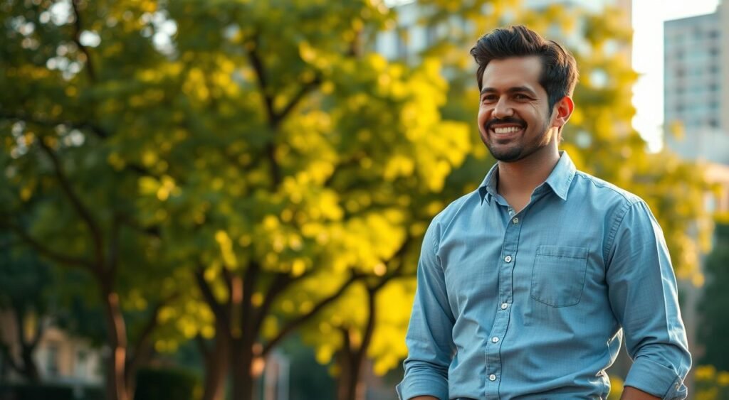 A charismatic Brazilian actor, Cauã Reymond, stands in a well-lit urban park, radiating warmth and professionalism. He is dressed in a smart-casual outfit, featuring a fitted light blue shirt and dark jeans, conveying a sense of approachable elegance. In the foreground, he smiles gently, embodying a sense of nostalgia and affection. In the middle ground, the vibrant green trees offer a refreshing backdrop, hinting at the joys of family life. The scene is bathed in soft, golden-hour sunlight, enhancing the warmth of the moment. The background blends a hint of cityscape and nature, capturing the essence of balance in his life. The atmosphere is heartfelt and inspiring, reflecting the profound bond between a father and his child.