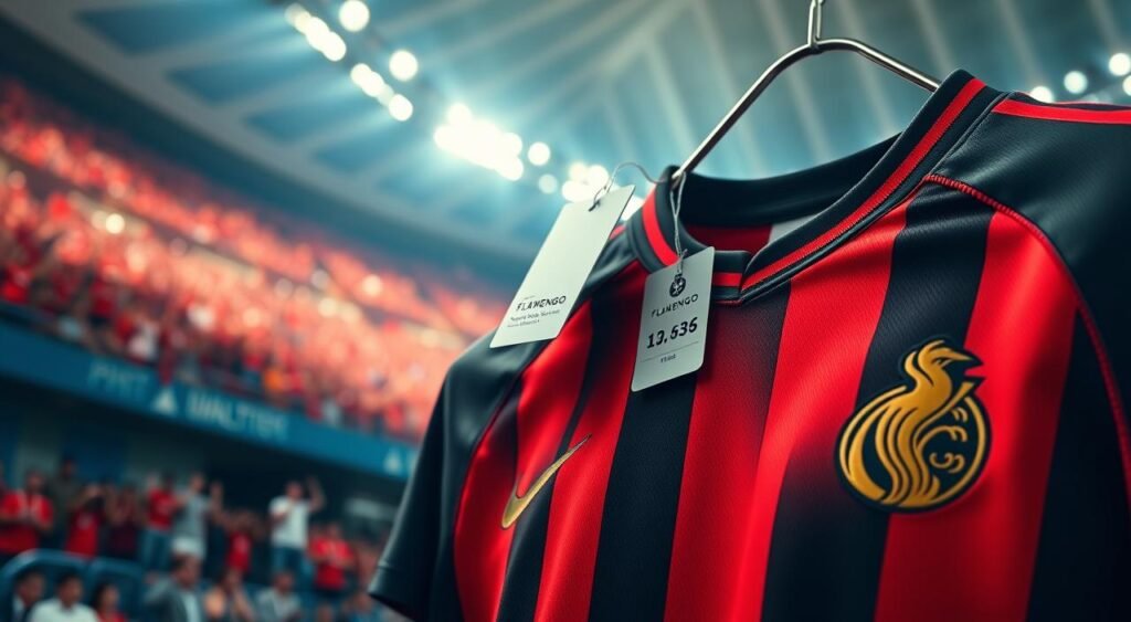 A close-up view of a new Flamengo soccer jersey displayed prominently at the forefront, showcasing detailed stitching, vibrant red and black colors, and the iconic Flamengo logo. In the middle ground, a price tag elegantly hangs from the collar, highlighting the price in a stylish font. The background features a blurred stadium scene with cheering fans, hinting at the excitement of the jersey launch. The lighting is bright and dynamic, creating an energetic atmosphere, while soft focus enhances the excitement of the moment. Capture this scene from a slight angle to add depth, evoking a sense of anticipation for the new uniform edition.
