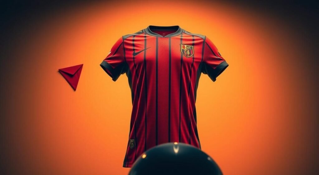 A close-up view of a striking new Flamengo soccer jersey, prominently displayed against a simple, softly lit backdrop. The jersey features bold red and black stripes with modern design elements and the Flamengo logo elegantly centered on the chest. The fabric appears breathable and textured, showcasing advanced technology. Flanking the jersey are subtle details, such as a neatly folded corner of fabric and the shadow of a soccer ball in the foreground, adding depth. The warm, diffused lighting highlights the jersey's vibrant colors while creating a professional atmosphere. The scene conveys excitement and anticipation for the upcoming launch, appealing to both fans and sports enthusiasts.
