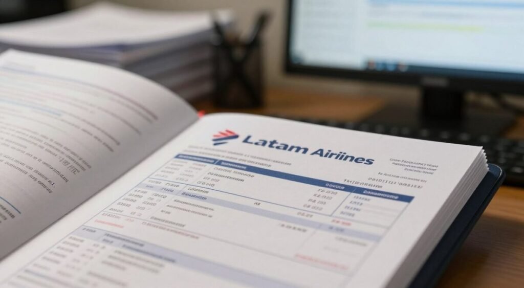 A close-up view of an open document folder showcasing detailed passenger records from Latam Airlines, featuring a mix of scanned boarding passes and flight itineraries. The foreground focuses on the crisp edges of the paper, highlighting relevant flight details and travel dates. In the middle ground, a blurred representation of an office setting suggests an ongoing investigation, with a soft, warm light illuminating the documents. The background hints at stacks of case files and a computer screen displaying data analysis related to travel patterns. The atmosphere is serious and analytical, conveying a sense of urgency and scrutiny, with a professional and organized appearance throughout the scene.
