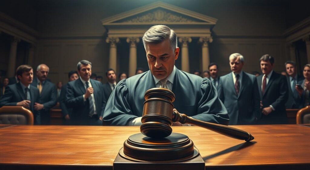 A courtroom scene highlighting a pivotal moment regarding a decision made by Gilmar Mendes. In the foreground, an imposing wooden bench holds the gavel, symbolizing justice. A highly detailed portrait of Gilmar Mendes, dressed in formal judicial robes, is depicted contemplating at the center, with an intense gaze reflecting on the implications of his ruling. In the middle ground, indistinct figures of lawyers in business attire are engaged in animated discussion, their expressions conveying tension and debate. The background features the grand architecture of the Supreme Court, bathed in dramatic lighting that suggests a weighty atmosphere. The overall mood should evoke seriousness and gravity, capturing the essence of judicial decision-making amid a politically charged environment, with soft shadows and a slight focus to enhance the central figures.