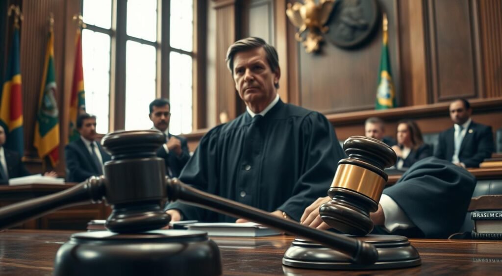A dramatic courtroom scene that conveys tension and gravity, depicting a Brazilian judge in a black robe presiding over a notable case. In the foreground, an imposing gavel rests on the judge's desk, symbolizing authority and justice. The middle ground features a solemn atmosphere, with lawyers in professional attire engaged in discussion; one lawyer passionately gestures while the other listens intently. The background shows a courtroom adorned with flags and legal books, with soft, natural lighting filtering through tall windows, creating a warm yet serious mood. The angle captures the judge’s stern expression, focusing on the complexity of judicial decisions and the implications for Bolsonaro, evoking a sense of accountability and legal scrutiny.