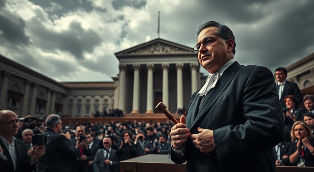A dramatic political scene depicting the moment of Gilmar Mendes' decision on impeachment at the Supreme Federal Court (STF) in Brazil. In the foreground, a poised Gilmar Mendes, dressed in formal judicial attire, stands with a contemplative expression, holding a gavel. Surrounding him are solemn judges in dark robes, engaged in deep discussion about the implications of the verdict. The middle ground features an audience of concerned citizens and journalists, capturing a mix of anxiety and curiosity. In the background, the iconic architecture of the STF building looms against a cloudy sky, symbolizing the weight of political decisions. The lighting is dim, casting shadows that enhance the gravity of the atmosphere, while a slight lens blur adds depth, focusing on Mendes and his impact on Brazilian politics.