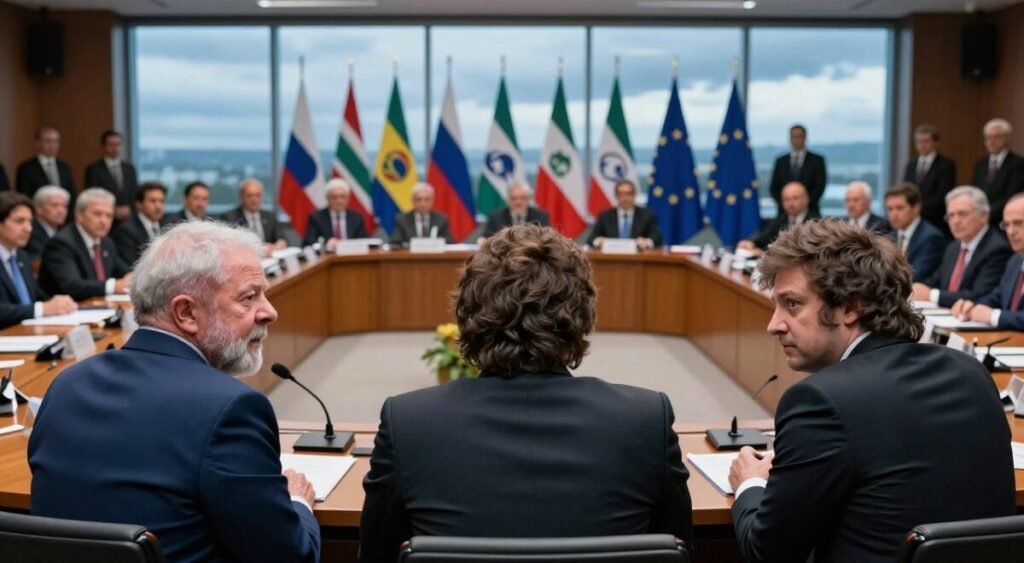 A dramatic political summit scene depicting leaders engaging fervently in discussions. In the foreground, three prominent figures, including Lula and Milei, are shown in professional business attire, emphasizing their solemn expressions reflecting frustration. The middle ground highlights a spacious conference table with flags of Mercosul countries, surrounded by attentive diplomats and advisors. The background features a large window showcasing a cloudy sky, symbolizing the tense atmosphere surrounding relationships with the European Union. Soft, ambient lighting creates a serious mood, while a slightly low-angle view adds to the grandeur of the setting, capturing the weight of the moment during this crucial summit.