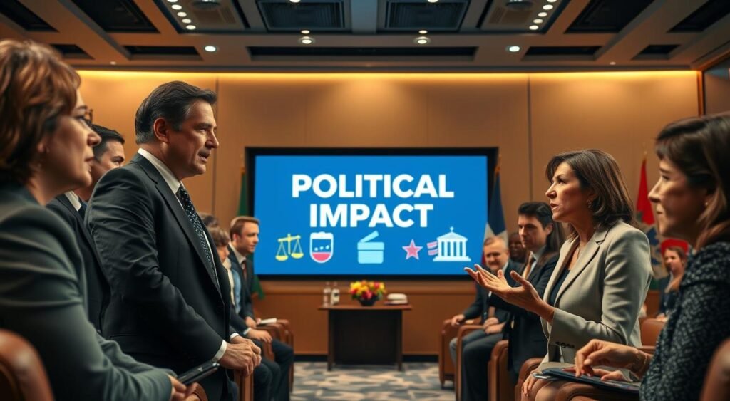 A dramatic scene depicting a political debate in a modern conference room. In the foreground, a diverse group of politicians, including a prominent male figure in a tailored suit and a female politician in professional attire, engage passionately. Their expressions reflect urgency and determination. In the middle ground, a large screen displays the text "Political Impact," alongside visual symbols of democracy like ballot boxes and scales of justice. The background features plush seating and official flags, enhanced by soft, ambient lighting that creates an atmosphere of intensity and focus. The camera angle is slightly elevated, capturing the dynamic interaction among the figures, with an overall mood of tension and significance, emphasizing the weight of political decisions and public opinion.