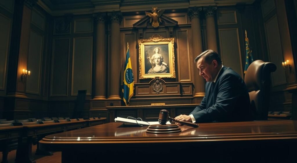 A dramatic scene inside the Supreme Court of Brazil, capturing the moment of Gilmar Mendes making a monocratic decision. In the foreground, a dignified Gilmar Mendes, dressed in a formal black suit and judicial robes, sits at a large wooden desk filled with legal papers and a gavel, deep in thought. The middle ground showcases ornate courtroom architecture, with grand pillars and intricately designed woodwork. In the background, the Brazilian flag and a large framed portrait of Justice adorn the walls, illuminated by soft, warm lighting coming from above. The atmosphere is one of tension and gravity, reflecting the weight of the judicial decision being made, with shadows adding depth to the scene.