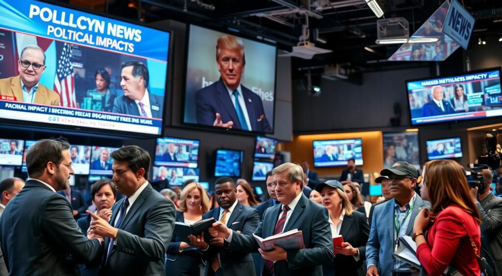 A dynamic newsroom atmosphere filled with journalists at work, showcasing a large screen displaying news headlines about political impacts. In the foreground, a diverse group of professionals in business attire discuss animatedly, with one pointing at a tablet. The middle section features a journalist capturing notes and using a laptop, while another approaches with an insightful expression. In the background, blurred images of newspapers and digital screens highlight various media coverage related to political events. The lighting is bright and focused, emanating an urgent, energetic vibe. The angle is slightly above eye level, allowing a view of the bustling activity, emphasizing the media's role in shaping public opinion.