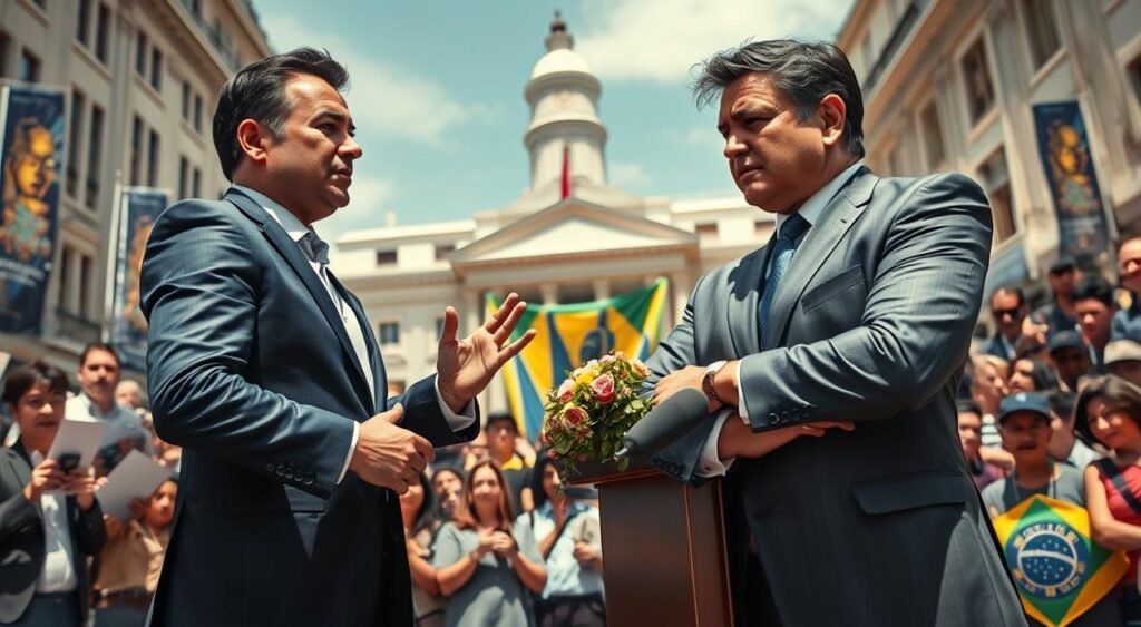 A dynamic political confrontation scene featuring two male politicians in an intense debate, set in a well-lit urban environment. In the foreground, Nikolas Ferreira stands confidently, wearing a tailored navy suit and gesturing emphatically, his expression reflecting determination and passion. Opposite him, Flávio Bolsonaro, in a sleek gray suit, shows a look of defiance, arms crossed, standing beside a podium adorned with a national flag. The middle ground presents a diverse audience of onlookers, some taking notes, others watching intently, emphasizing the significance of the debate. In the background, city hall and banners add to the political atmosphere. The lighting is bright and dramatic, casting shadows that enhance the tension, while a slightly low angle captures the protagonists' stature, emphasizing the gravity of the confrontation.