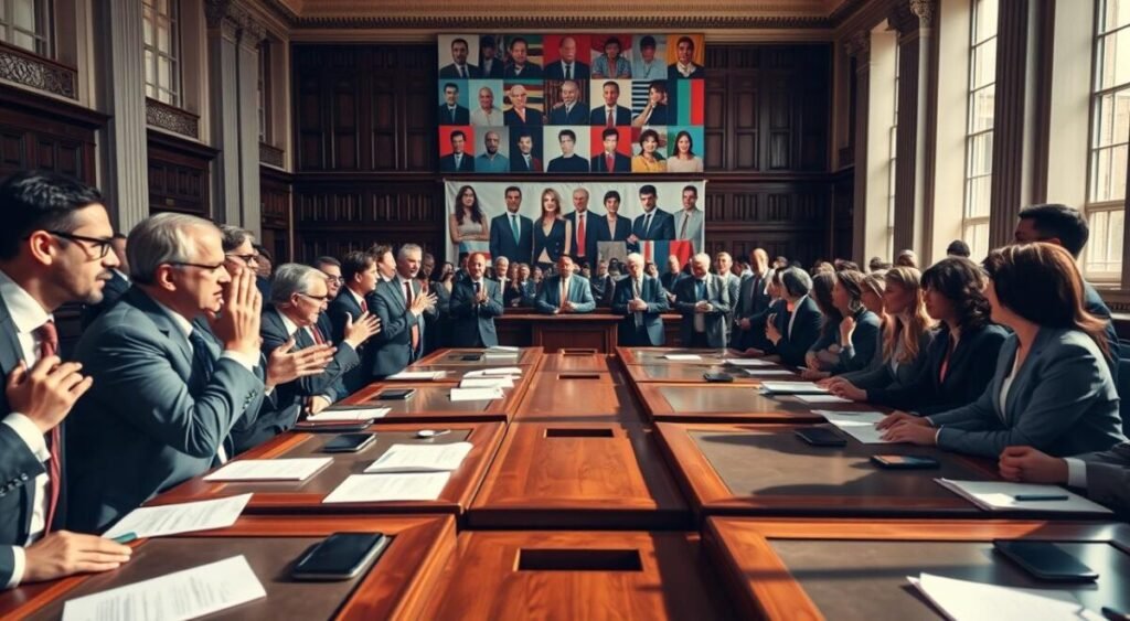 A dynamic political scene capturing reactions from party members within a parliament setting. In the foreground, a diverse group of men and women in professional business attire passionately discussing a recent political statement, with expressive gestures conveying frustration and determination. In the middle, tall windows allow natural light to filter in, casting shadows on polished wooden desks filled with papers and digital devices. In the background, a large political banner representing various political parties is displayed, with the elegant architecture of the legislative building visible. The atmosphere is tense yet focused, embodying the high-stakes nature of political discourse. Use a wide-angle lens to capture the energy of the scene, ensuring clear details emphasize the emotions and significance of the reactions. Soft, warm lighting enhances the seriousness of the moment.