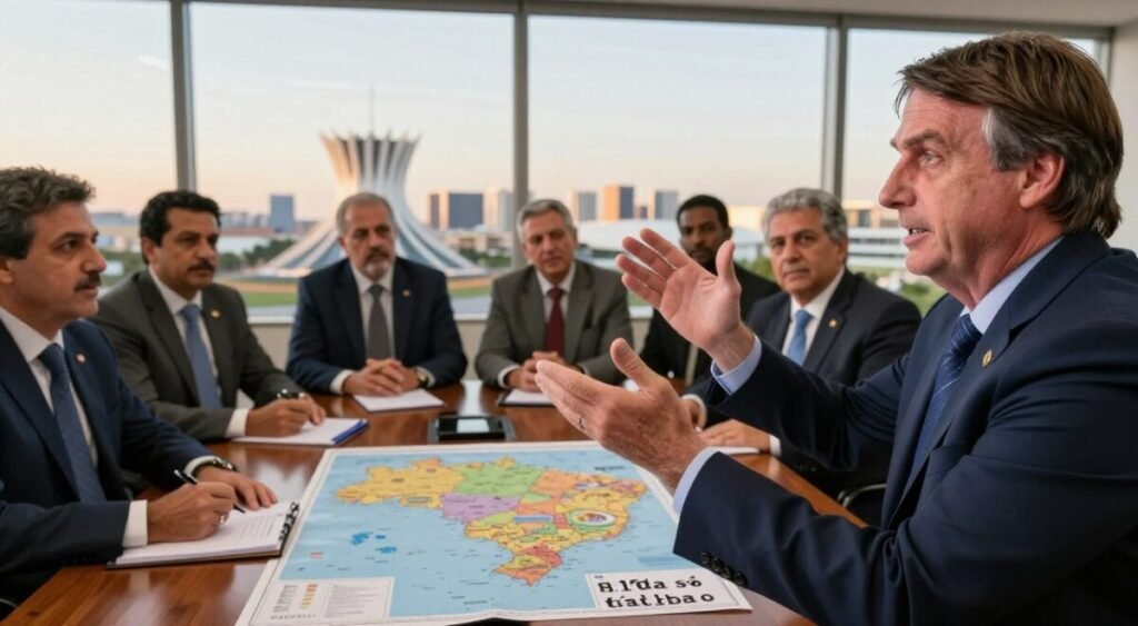 A dynamic political scene illustrating the phrase "Falta só tirar o Lula", featuring Flávio Bolsonaro, depicted as a middle-aged man in a professional suit, engaging in a strategic discussion. In the foreground, he is animatedly gesturing with one hand raised, symbolizing his aspirations for the 2026 elections. The middle ground showcases a group of diverse advisors in business attire, intently listening and taking notes, with a map of Brazil spread across a polished conference table. The background features a large window with a panoramic view of Brasília’s skyline bathed in warm, late afternoon light, creating a hopeful atmosphere. The overall mood conveys determination and ambition within a political context, emphasizing the urgency and importance of their objectives.