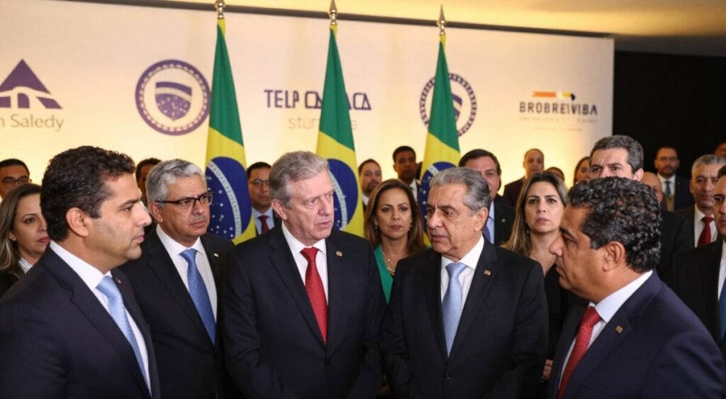 A dynamic scene capturing the reactions of conservative leaders in a formal setting, set against a backdrop of a political rally. In the foreground, a diverse group of leaders in professional business attire, including men and women, expressing a mix of determination and concern as they discuss strategies for the upcoming elections. In the middle ground, flags of Brazil subtly waving, symbolizing national pride and political tension. The background features a large, softly lit banner displaying conservative symbols, with people gathering to observe the leaders. The lighting should be warm, creating an engaging atmosphere, while capturing the urgency and seriousness of the conversation, shot from a slightly elevated angle to provide depth to the scene.