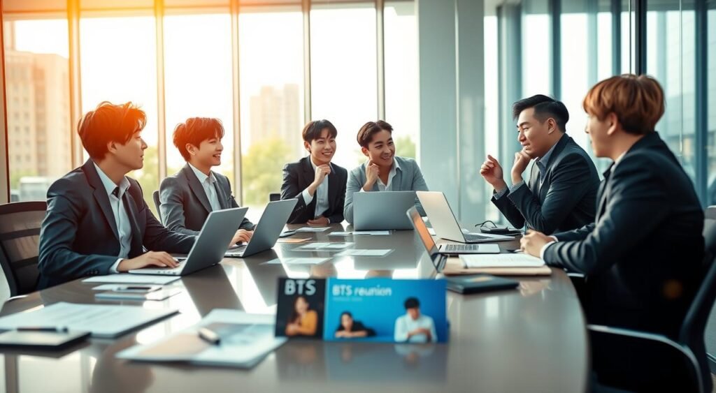 A dynamic scene capturing the seven members of BTS during a vibrant corporate meeting, reflecting excitement and camaraderie. In the foreground, the group is engaged in animated discussion, dressed in stylish business attire that signifies professionalism and creative flair. The middle of the image features a large conference table adorned with laptops, documents, and BTS-related promotional materials, symbolizing their return to business. The background shows a modern office with glass walls, large windows letting in warm, natural light, creating an inviting atmosphere. The camera angle is slightly elevated, providing a comprehensive view of the group's interactions, while soft bokeh blurs the outer elements to emphasize the band’s reunion spirit. The overall mood is optimistic and celebratory, embodying a historic moment of unity and anticipation.