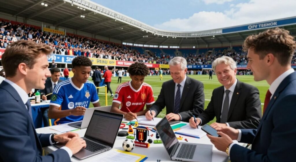 A dynamic scene depicting a bustling football transfer market. In the foreground, a diverse group of professional agents, dressed in smart business attire, are engaged in animated discussions, with laptops and smartphones in hand, signaling recent player negotiations. The middle section features young football players, dressed in team kits, eagerly signing contracts with smiling officials, surrounded by sports memorabilia. The background shows a vibrant stadium filled with enthusiastic fans, banners showcasing player transfers, and a clear blue sky. The lighting is bright and lively, capturing the excitement of a Saturday market day. The overall mood is energetic and hopeful, reflecting the thrill of new opportunities in football.