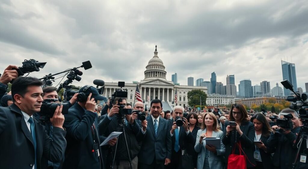 A dynamic scene representing national media coverage of a significant political event. In the foreground, a diverse crowd of journalists, men and women in professional business attire, are gathered with cameras, microphones, and notepads, eagerly reporting. In the middle ground, an imposing government building stands, flanked by flags, symbolizing authority and accountability. The background features a bustling city skyline, conveying the wider public interest in the event. The lighting is dramatic, with a slight overcast sky casting soft shadows, creating a tense yet dynamic atmosphere. The angle is slightly low, adding a sense of importance to the scene. Overall, the image should evoke a feeling of urgency and significance, reflecting the national impact of the event.