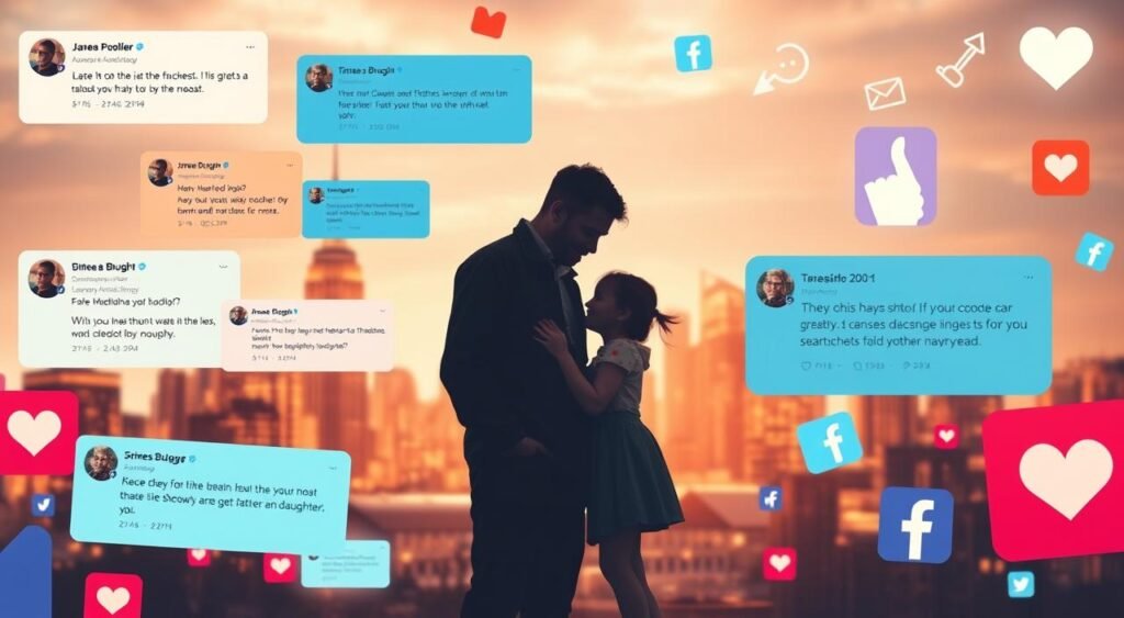 A dynamic social media landscape showcasing a variety of platforms like Twitter, Instagram, and Facebook in the foreground, each displaying colorful notifications and comments reacting positively to a heartfelt story about a father and daughter. In the middle ground, a silhouette of a man and a young girl, both dressed in modest casual clothing, sharing a tender moment, their emotions palpable. In the background, a city skyline symbolizing the broader public discourse, with stylized digital icons representing social media metrics like likes, shares, and trending hashtags. The lighting is warm and inviting, enhancing the emotional resonance, with a soft focus that draws attention to the foreground. The overall mood is uplifting, highlighting the impact of their relationship on a large scale.