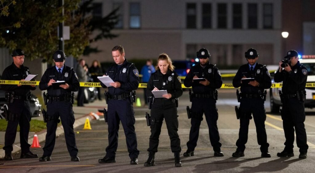 A focused and dynamic crime scene investigation in a dimly lit urban setting, illustrating the aftermath of a recent aggression incident. In the foreground, a diverse group of investigators in professional attire are examining the area, using notepads and cameras. The middle ground features police tape cordoning off a section, with evidence markers dotting the scene. The background shows a blurred silhouette of a tall building, giving a sense of the urban environment. The lighting is dramatic, with shadows casting over the scene, enhancing the mood of urgency and seriousness. The image should convey a sense of professionalism, determination, and the gravity of local authorities' responsibilities in response to violence.