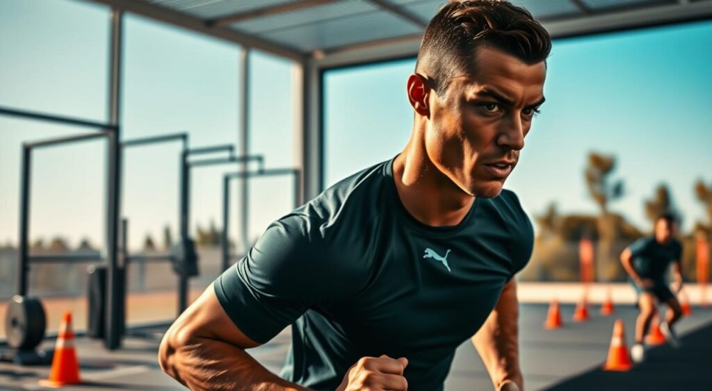 A focused training scene featuring Cristiano Ronaldo in a professional training environment. In the foreground, Cristiano is depicted mid-action, showcasing his athleticism and intensity, wearing a fitted training jersey and shorts. His posture is dynamic, emphasizing strength and determination. In the middle ground, a state-of-the-art training facility is visible, equipped with modern exercise equipment and training cones. Bright, natural lighting floods the scene, highlighting Cristiano's focused expression and the sweat on his brow, reflecting his dedication. In the background, a clear blue sky suggests an outdoor training session, with distant trees framing the scene. The mood is energetic and motivational, illustrating the routine of a world-class athlete committed to excellence.